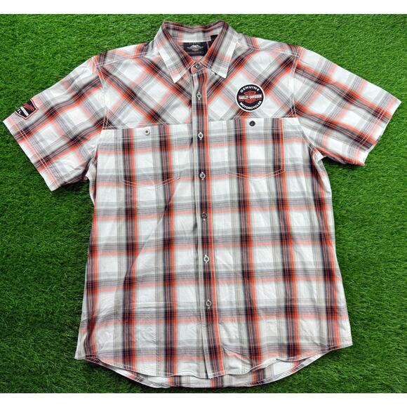 Harley Davidson Button Up Shirt L Plaid Orange Gray Short Sleeve Motorclothes - Picture 1 of 10